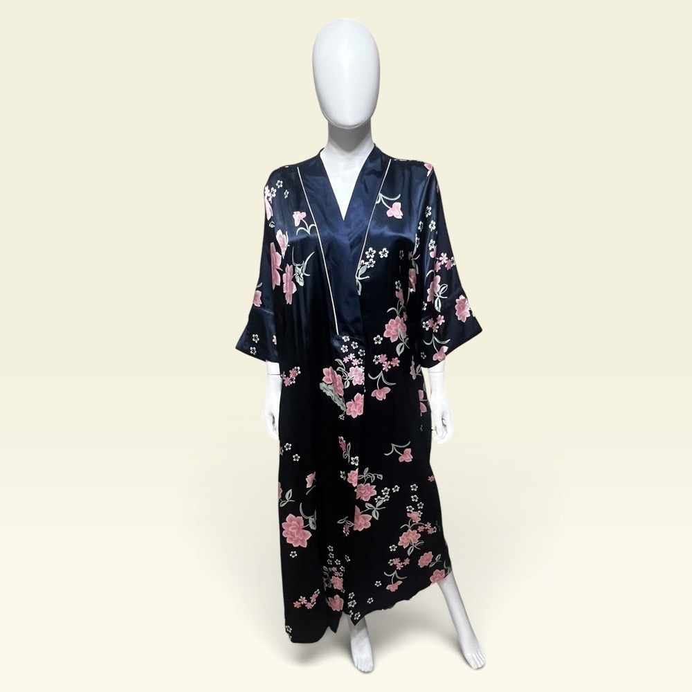Jones New York Floral Satin Nightgown Robe Set L XL Black Pink Sleepwear